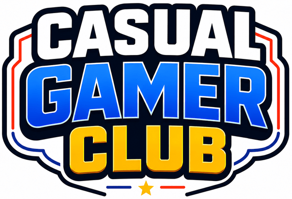 Logo of Casual Gamer Club with colorful text on a white background