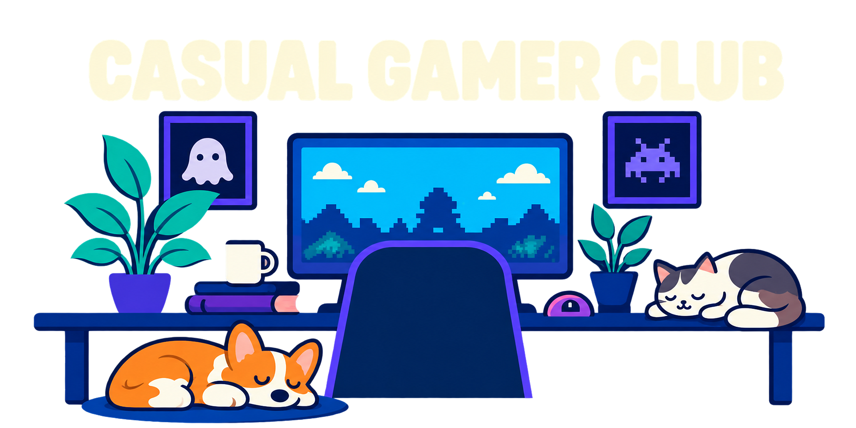 Casual Gamer Club gaming desk with a sleeping corgi and cat