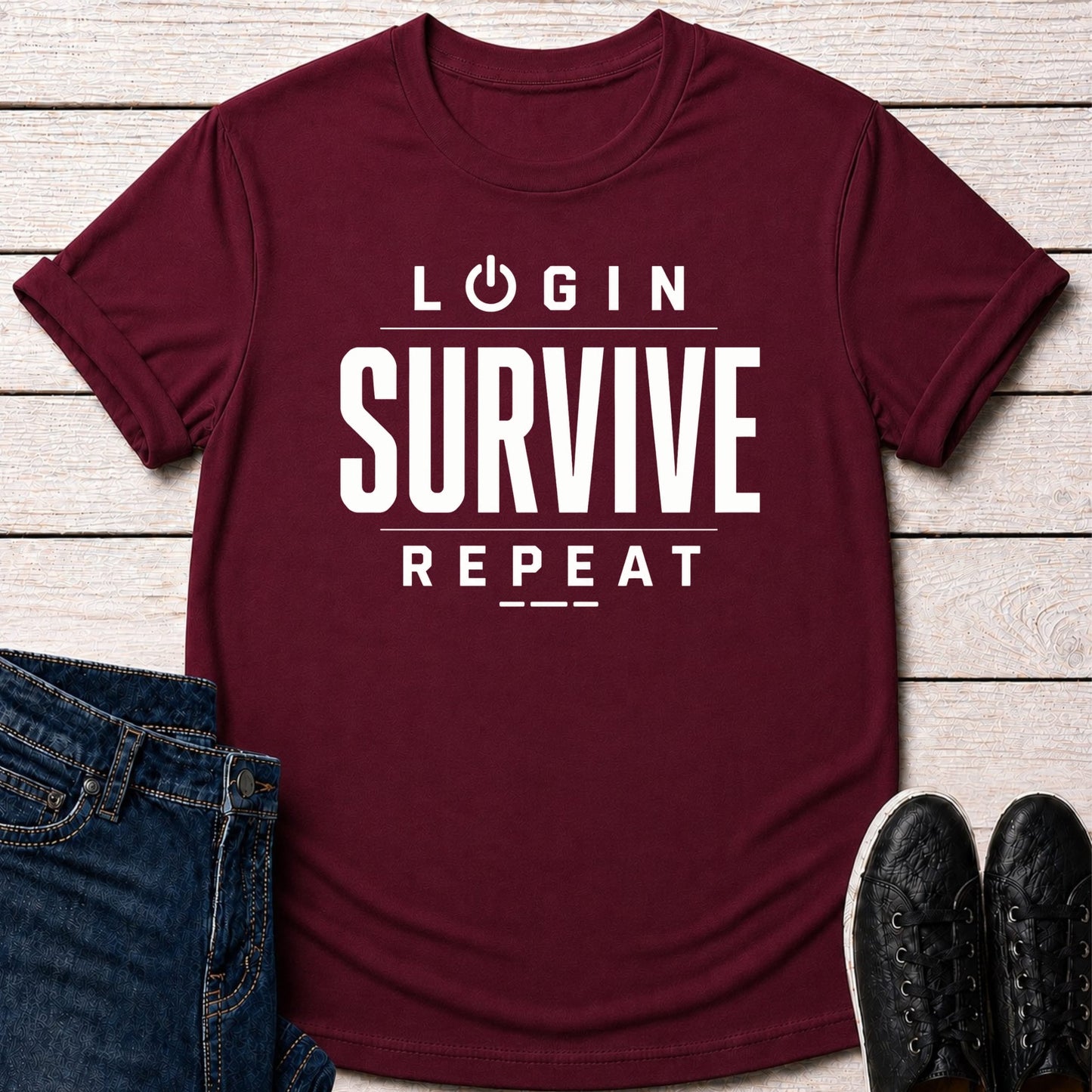 T-Shirt Maroon / S Login Survive Repeat T-shirt
